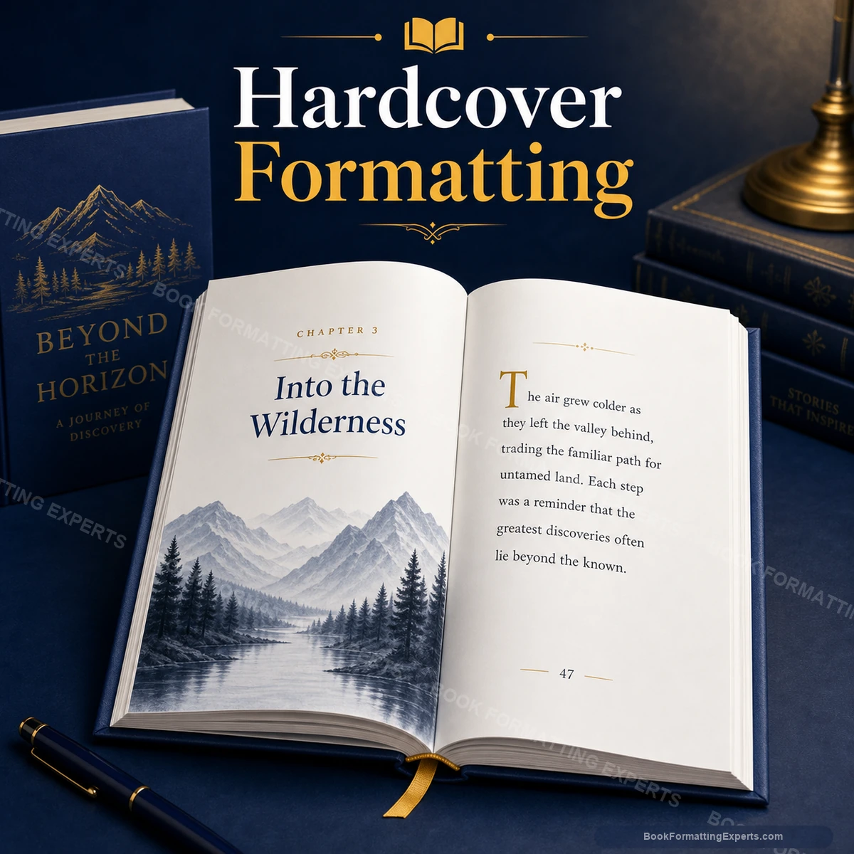 Hardcover formatting sample by Book Formatting Experts showing an illustrated case-bound interior with full-page art