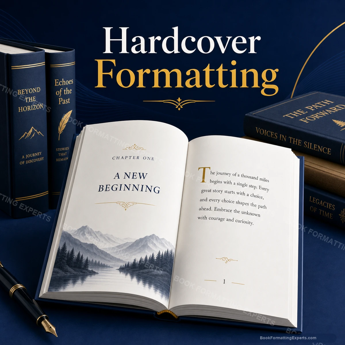 Hardcover formatting sample by Book Formatting Experts showing a literary case-bound interior with elegant chapter openers