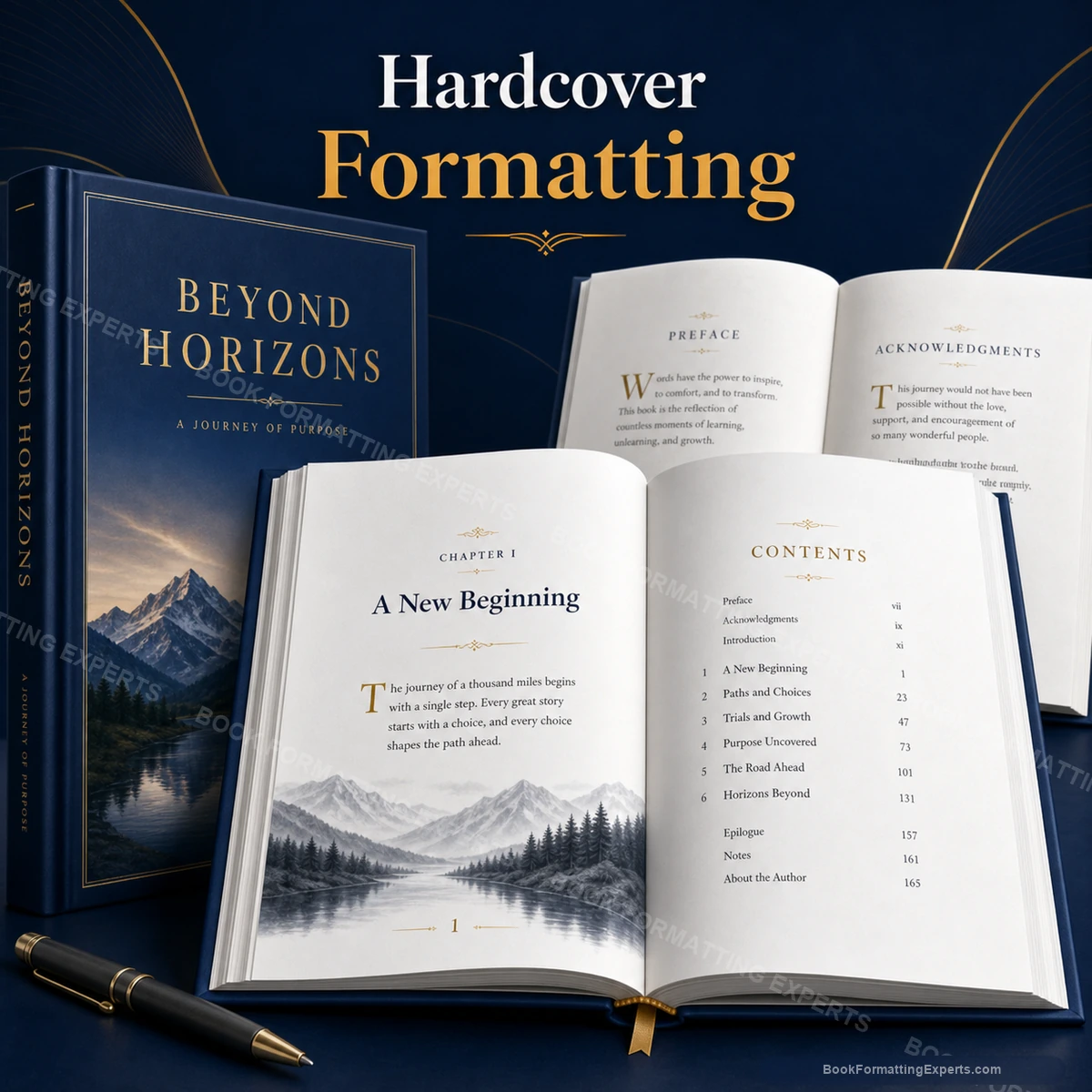 Hardcover formatting sample by Book Formatting Experts showing a premium hardcover front matter sequence