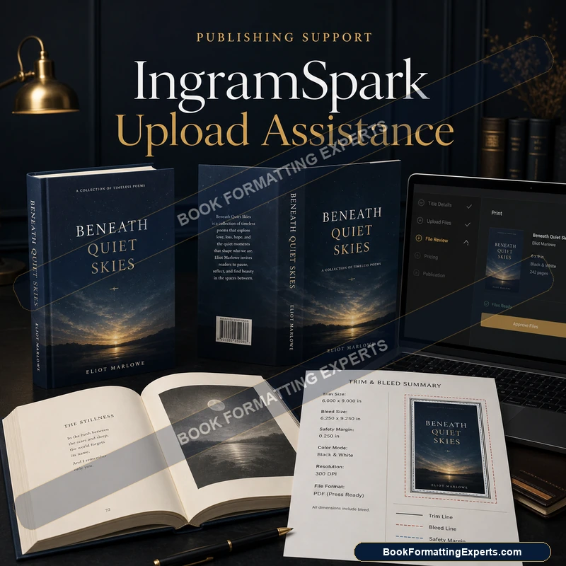 IngramSpark upload assistance sample by Book Formatting Experts showing a cover uploaded and spine-checked on IngramSpark