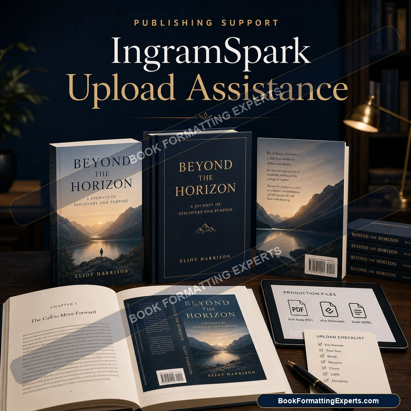 IngramSpark upload assistance sample by Book Formatting Experts showing pricing, wholesale discount and returns settings on IngramSpark