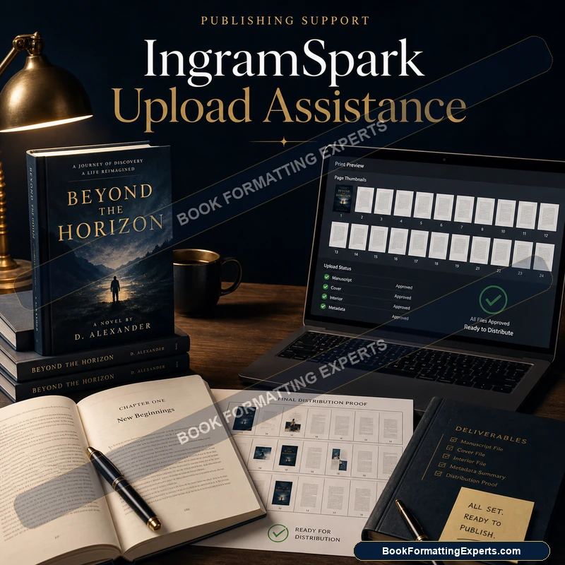 IngramSpark upload assistance sample by Book Formatting Experts showing a finished title live and orderable through IngramSpark