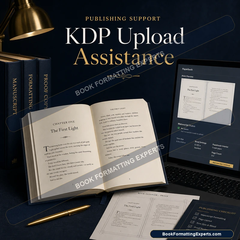 KDP upload assistance sample by Book Formatting Experts showing a paperback interior and cover set up on Amazon KDP