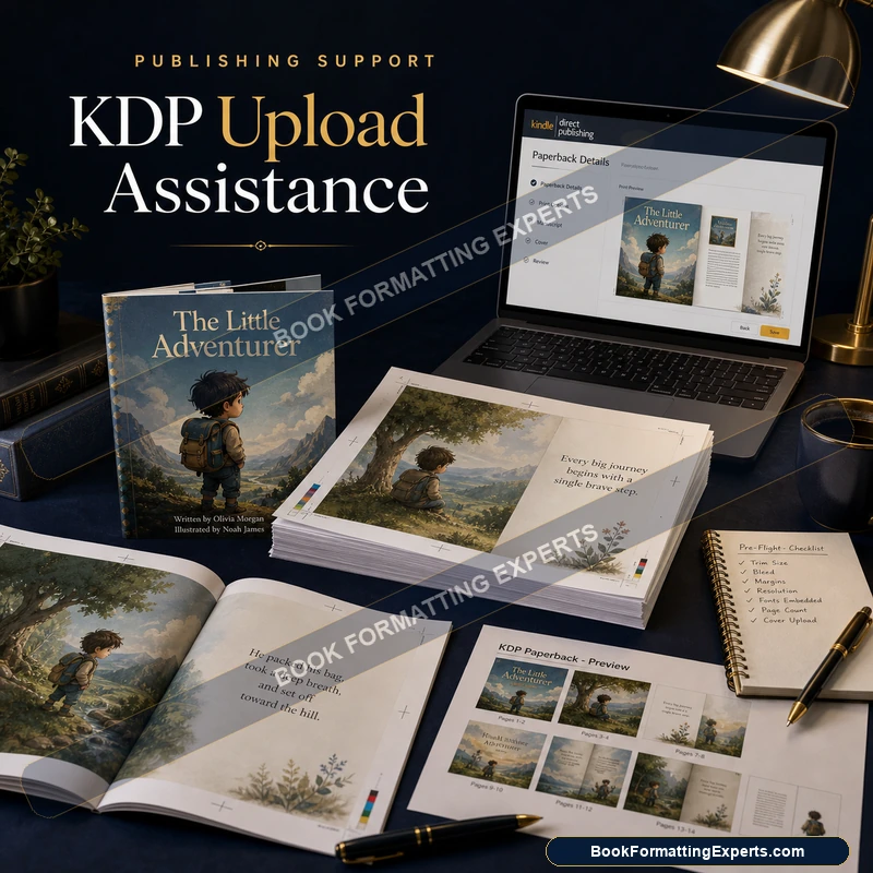 KDP upload assistance sample by Book Formatting Experts showing a hardcover edition set up on Amazon KDP