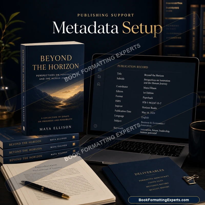 Metadata setup sample by Book Formatting Experts showing researched keyword phrases for a book