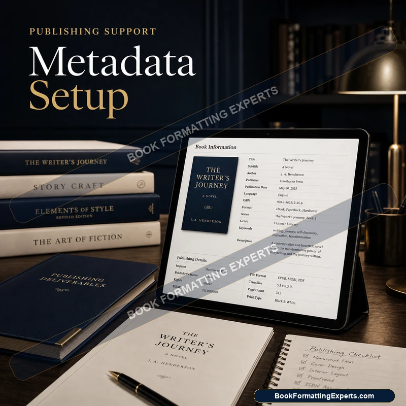 Metadata setup sample by Book Formatting Experts showing category and BISAC code selection