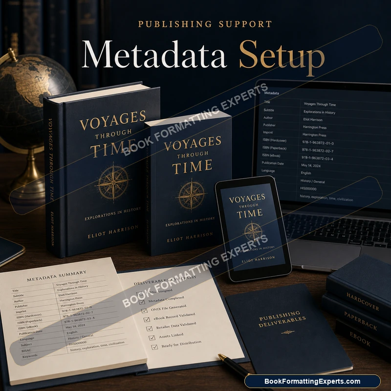 Metadata setup sample by Book Formatting Experts showing an optimised book description and blurb