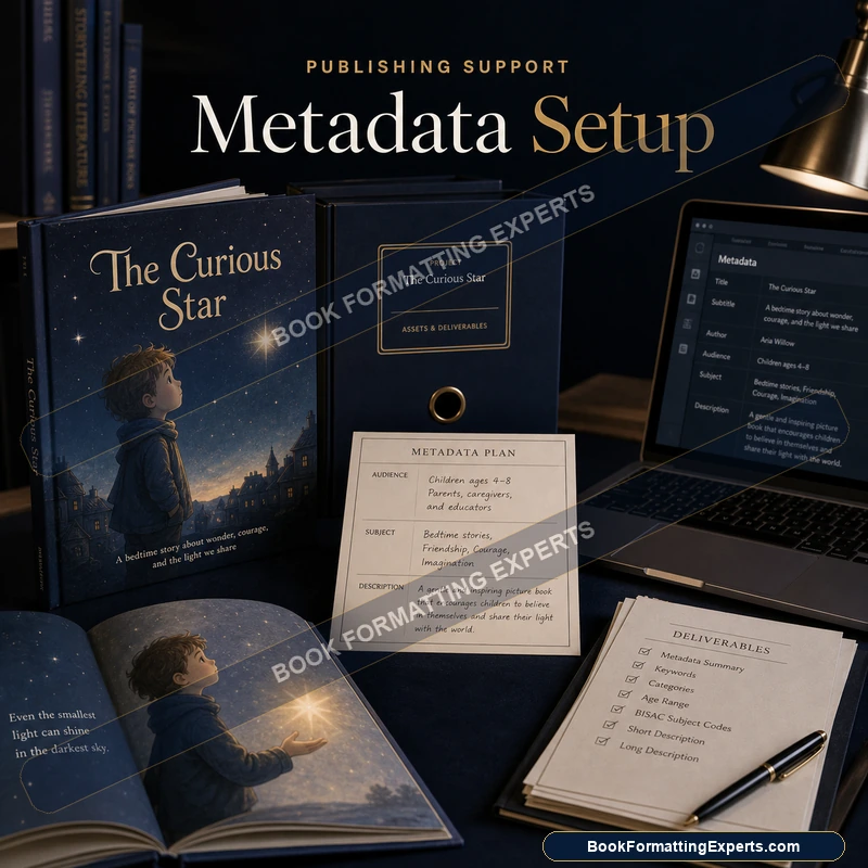 Metadata setup sample by Book Formatting Experts showing a searchable subtitle strategy