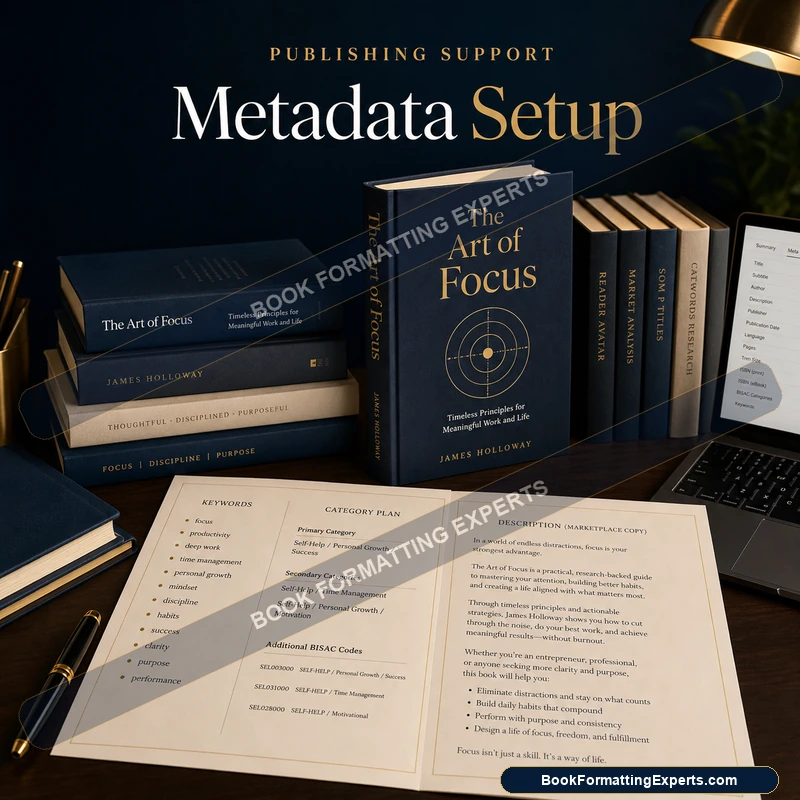 Metadata setup sample by Book Formatting Experts showing series metadata and reading order