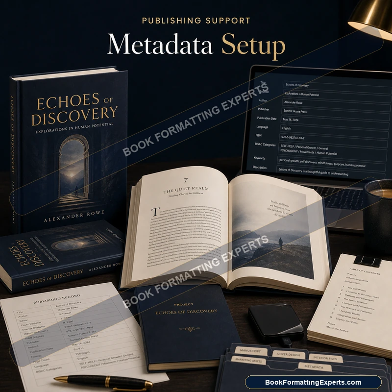 Metadata setup sample by Book Formatting Experts showing a professional author bio for discoverability