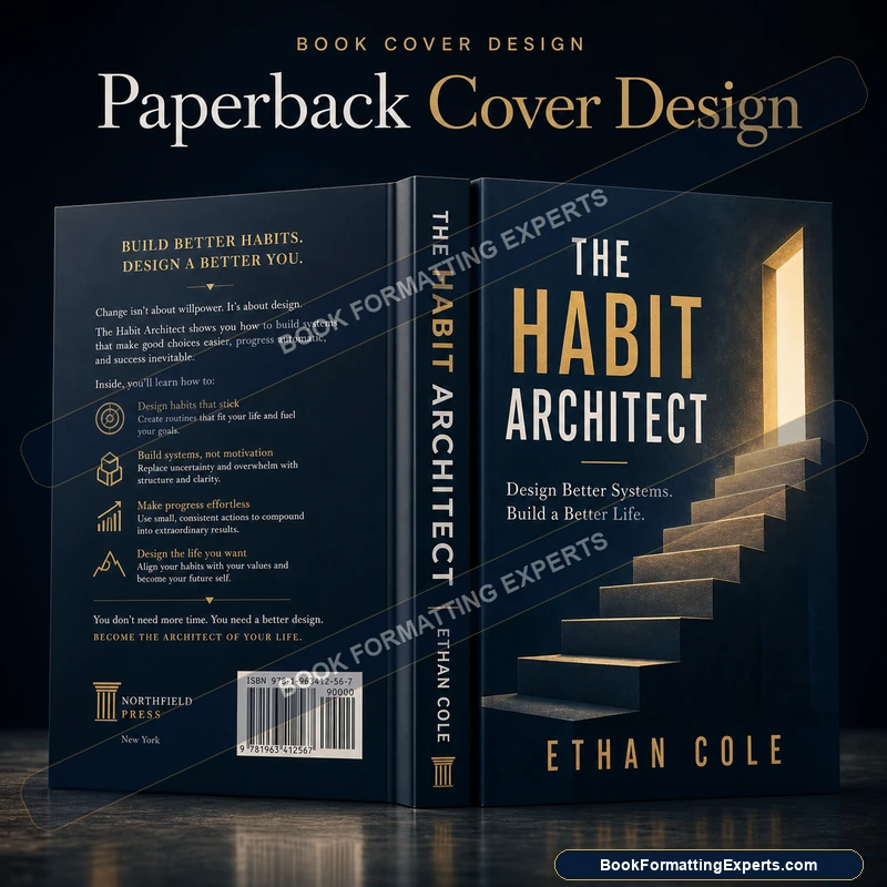 Paperback cover design sample by Book Formatting Experts showing spine typography sized to the page count