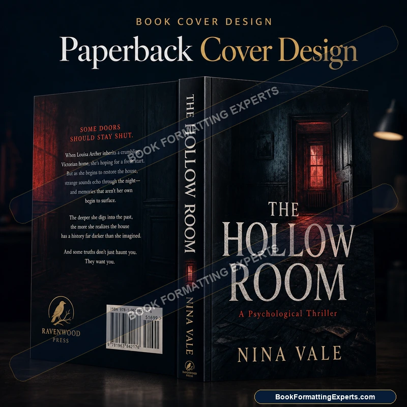 Paperback cover design sample by Book Formatting Experts showing a back cover with blurb, bio and barcode space