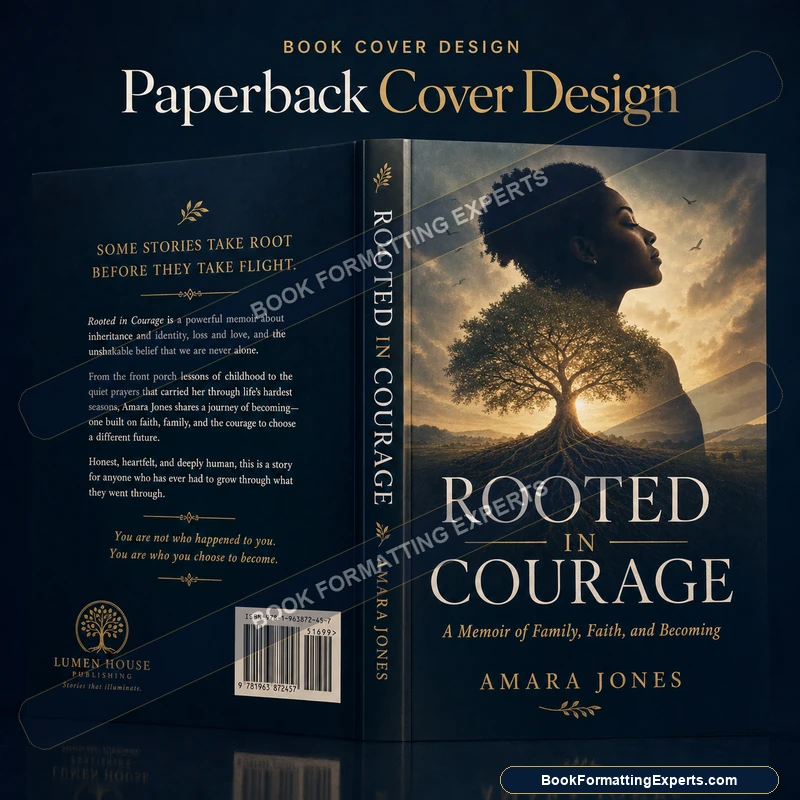 Paperback cover design sample by Book Formatting Experts showing a cover with correctly placed retailer barcode