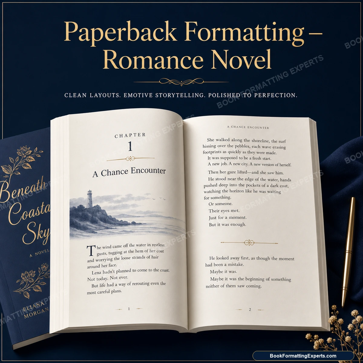Paperback formatting sample by Book Formatting Experts showing a romance novel softcover interior