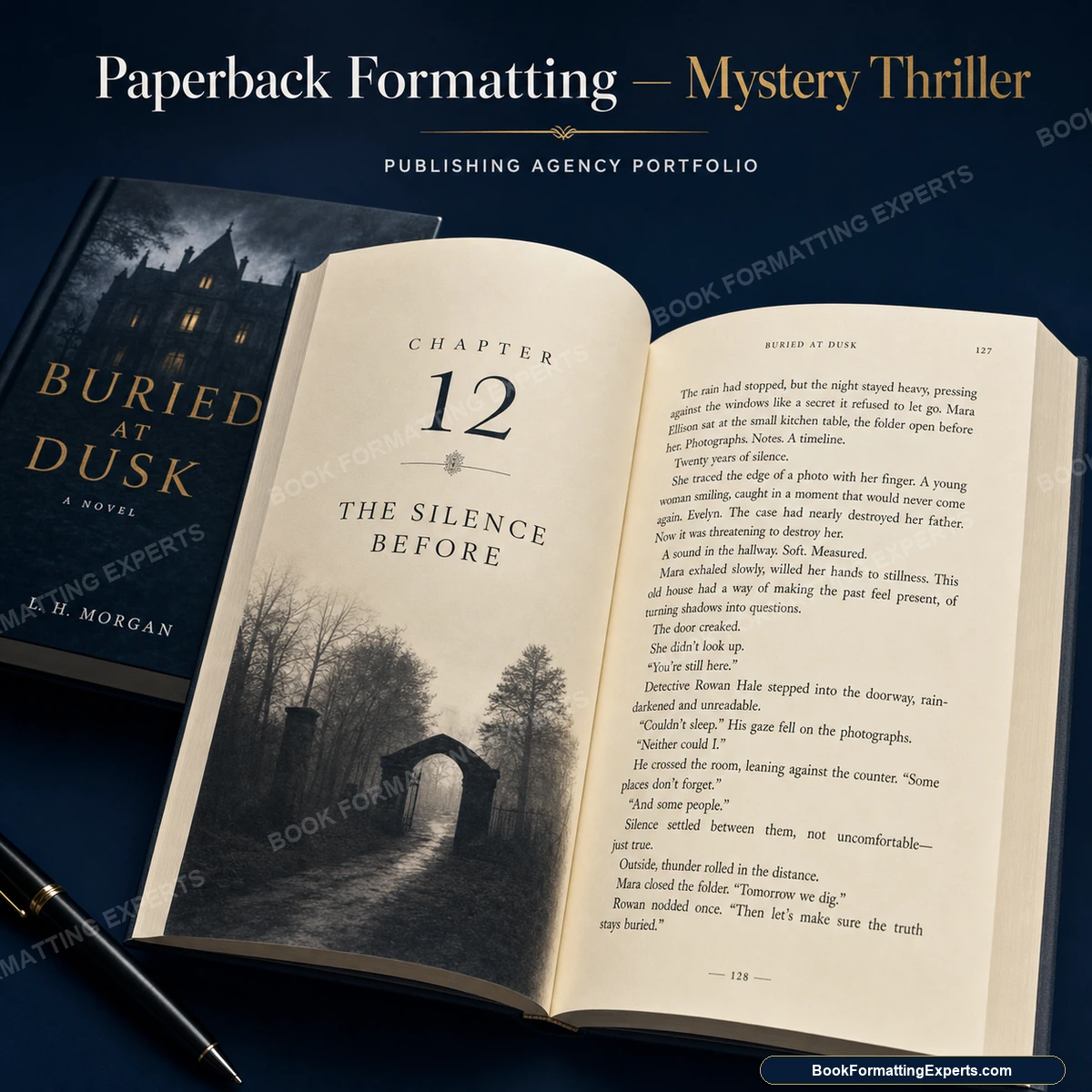 Paperback formatting sample by Book Formatting Experts showing a mystery thriller softcover interior