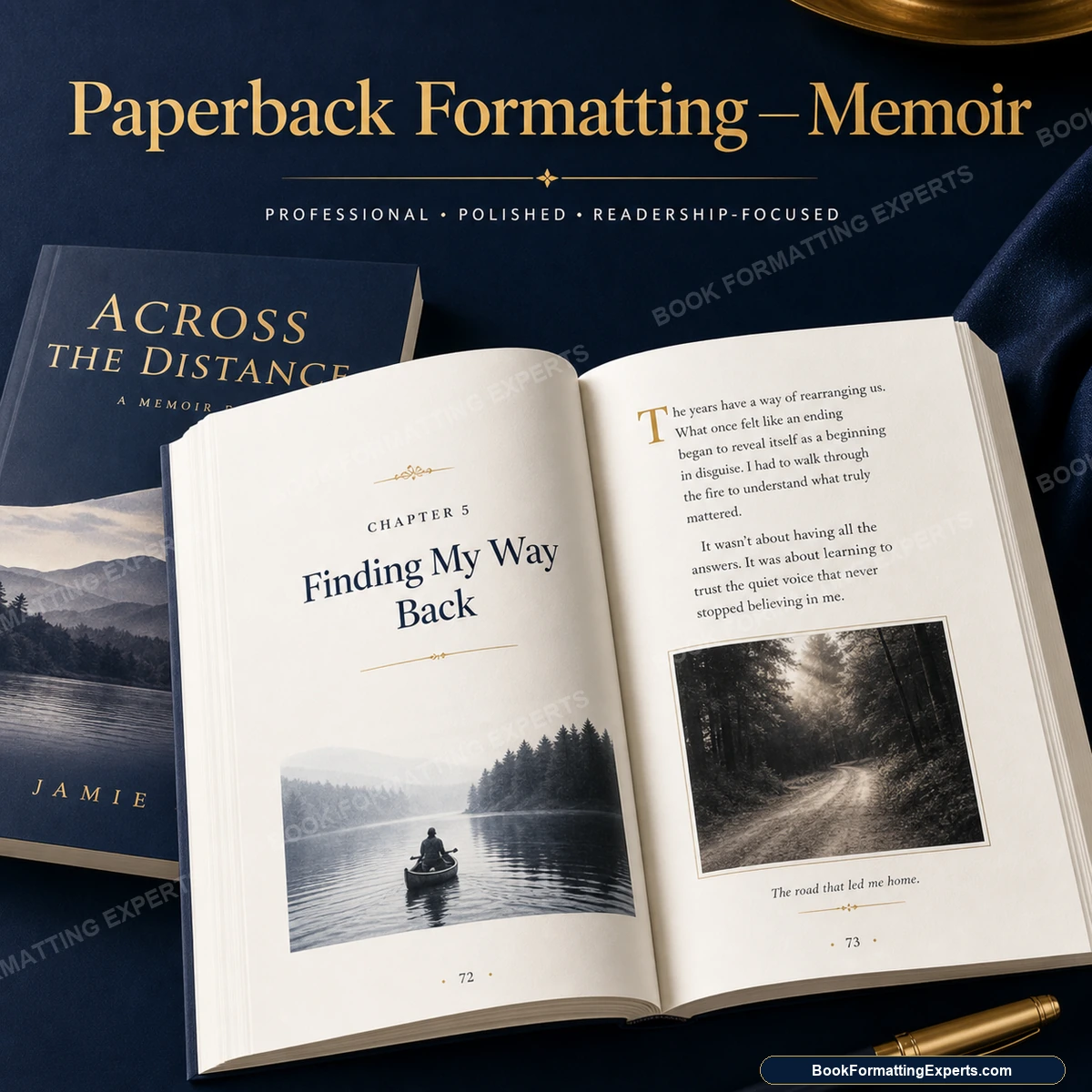 Paperback formatting sample by Book Formatting Experts showing a memoir softcover interior with a photo section