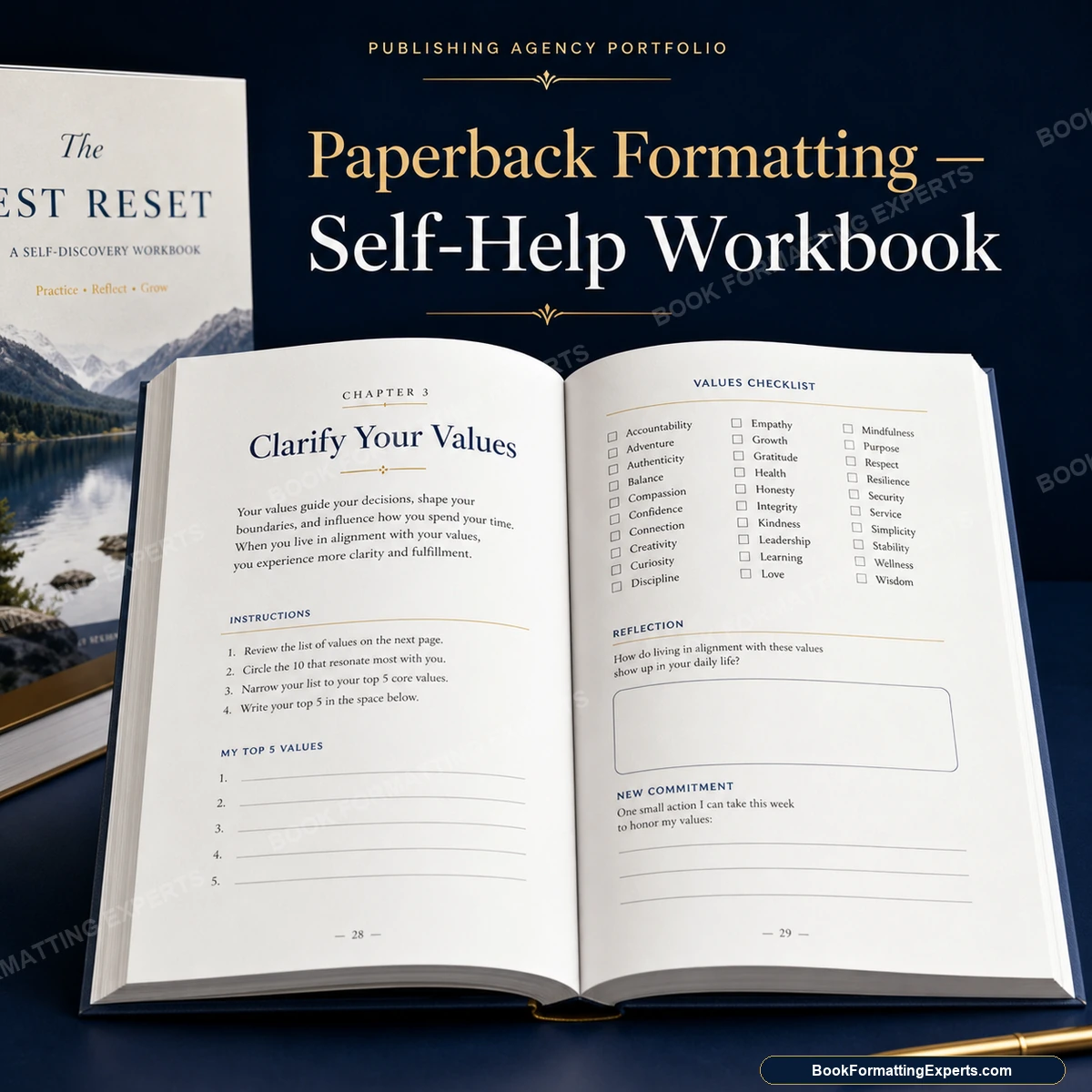 Paperback formatting sample by Book Formatting Experts showing a self-help workbook softcover interior with exercises