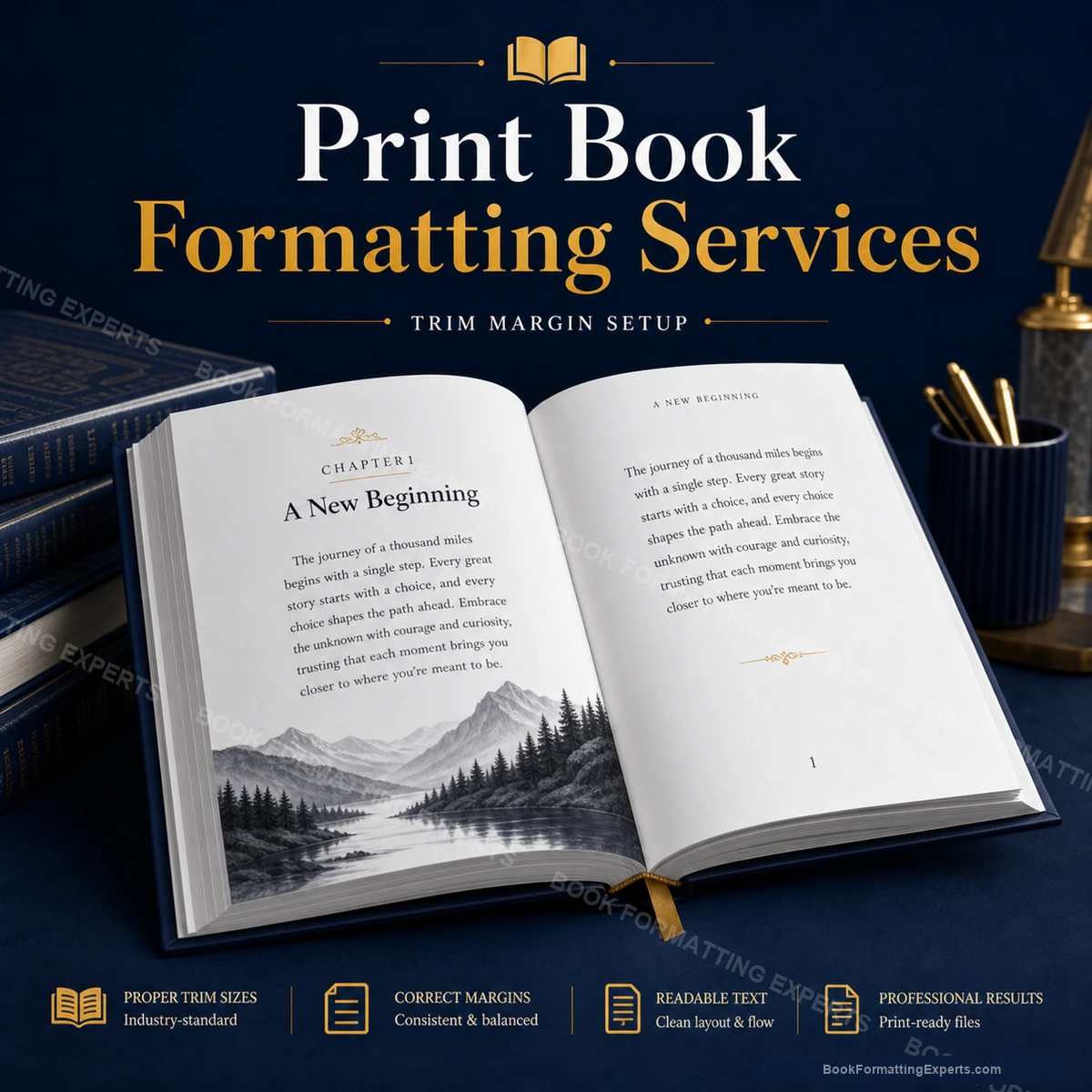 Print book formatting sample by Book Formatting Experts showing a trim size and mirrored margin diagram