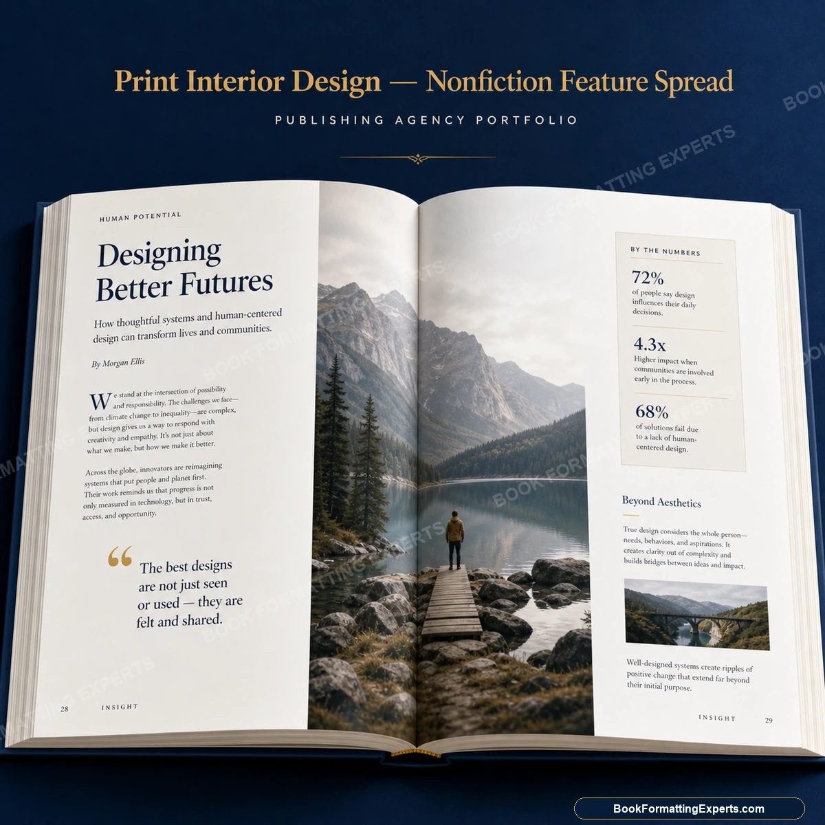 Print interior design sample by Book Formatting Experts showing a nonfiction feature spread with pull quote