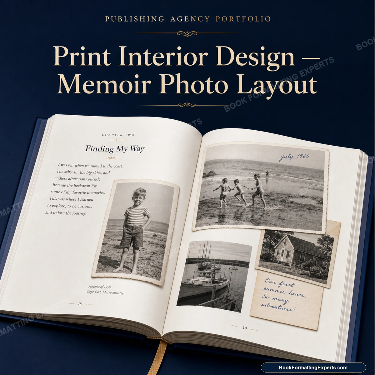 Print interior design sample by Book Formatting Experts showing a memoir photo layout with captions