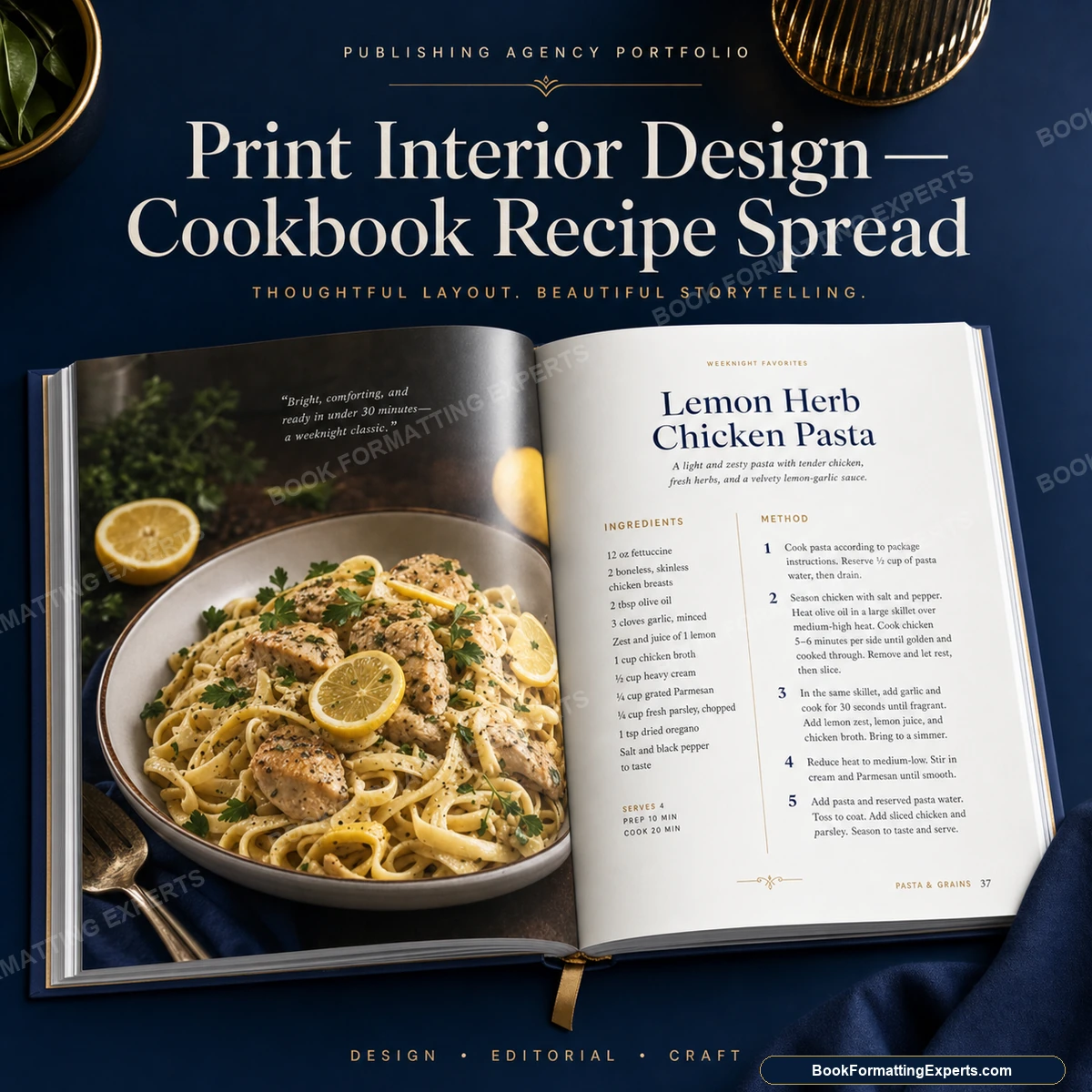 Print interior design sample by Book Formatting Experts showing a cookbook recipe spread with food photography