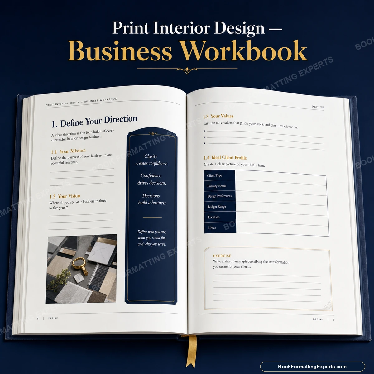 Print interior design sample by Book Formatting Experts showing a business workbook interior with exercises
