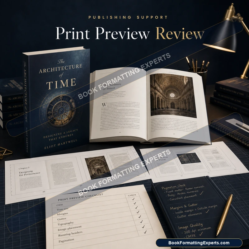 Print Preview Review sample by Book Formatting Experts showing a proof read spread by spread