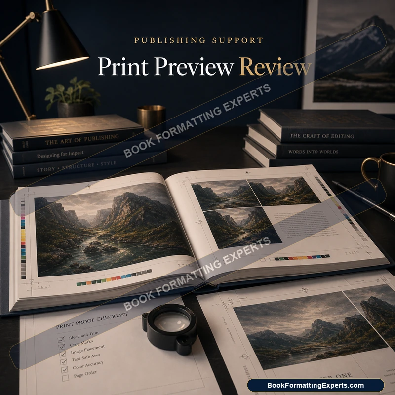 Print Preview Review sample by Book Formatting Experts checking gutter and margins against page count