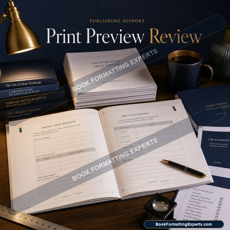 Print Preview Review sample by Book Formatting Experts checking bleed and trim safety