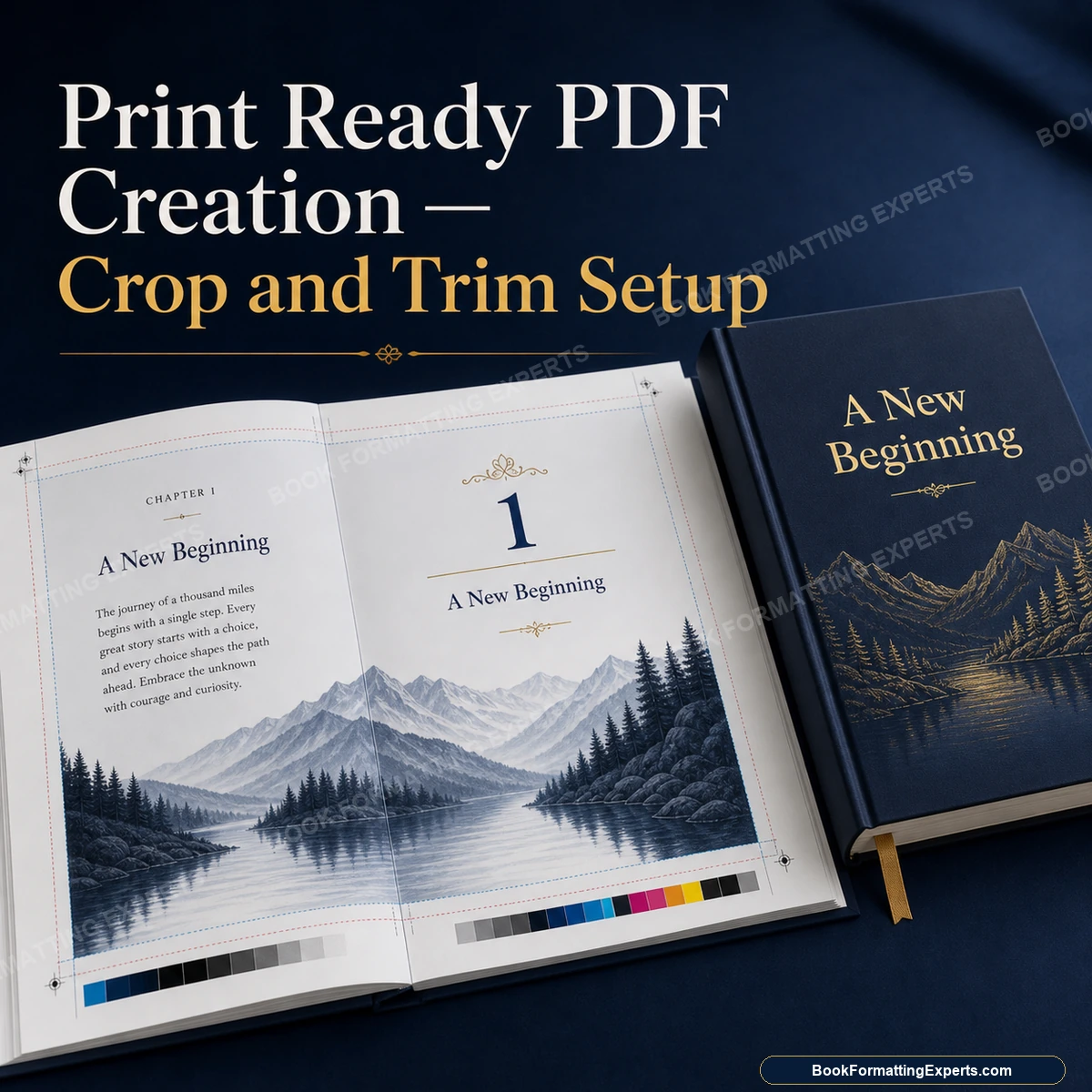 Print ready PDF creation sample by Book Formatting Experts showing crop marks and trim setup