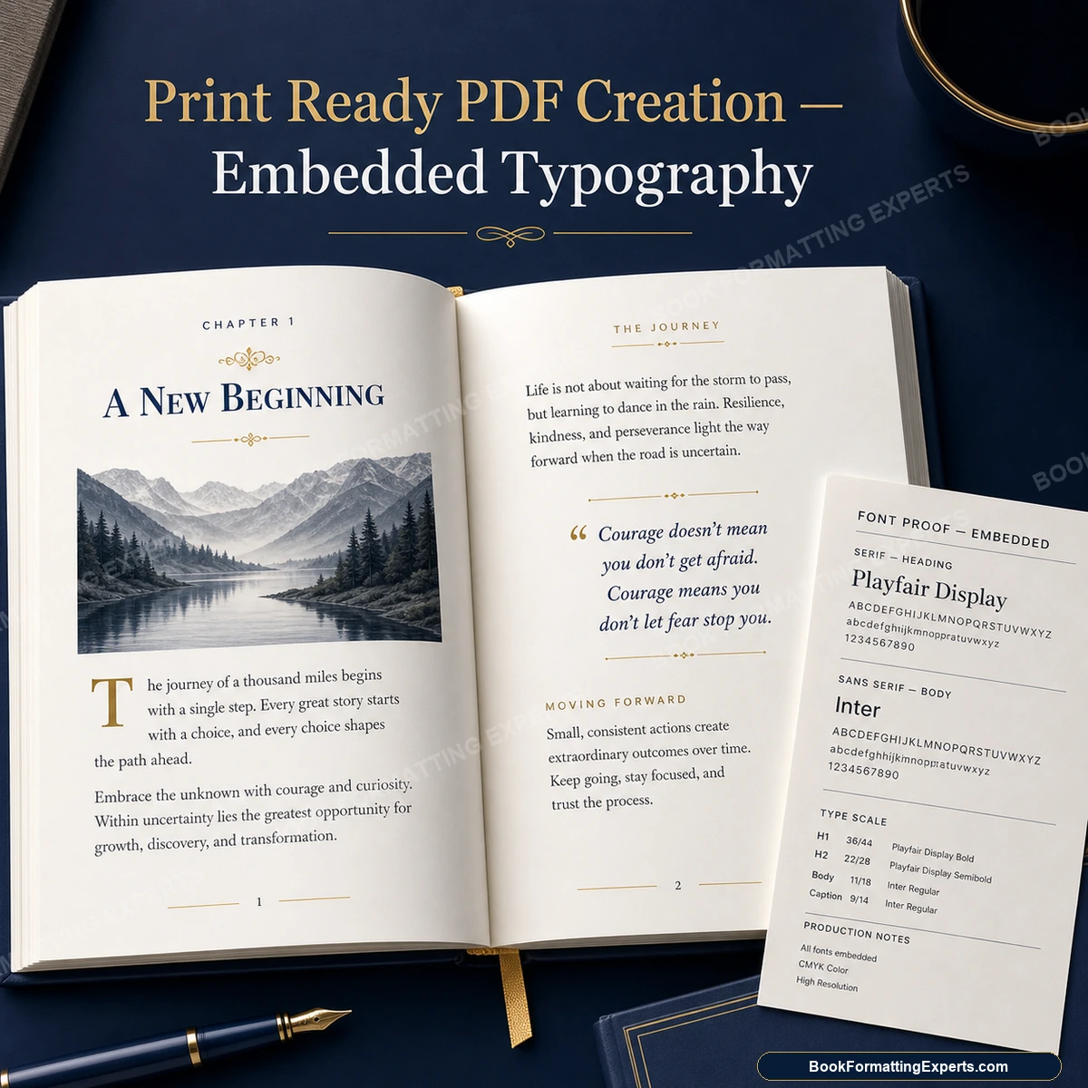 Print ready PDF creation sample by Book Formatting Experts showing embedded font verification