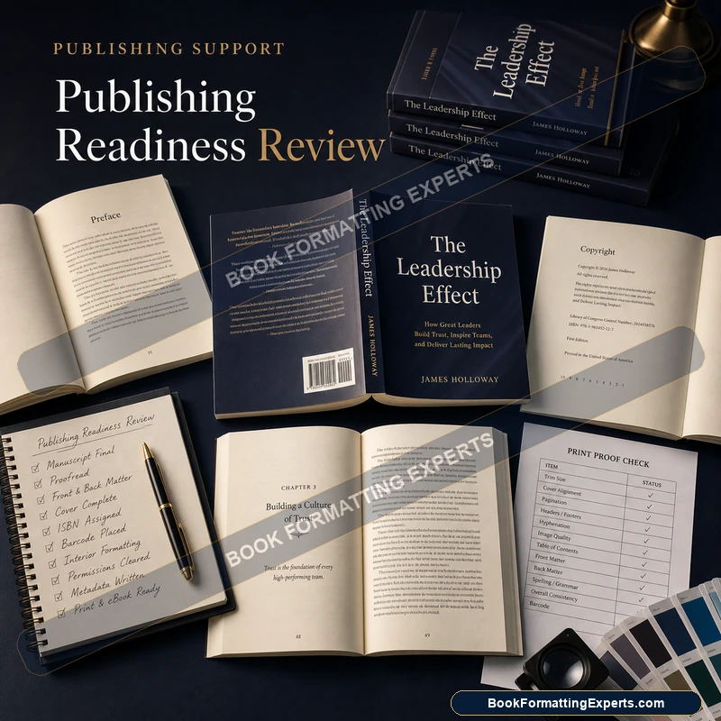 Publishing readiness review sample by Book Formatting Experts showing a readiness scorecard of each area