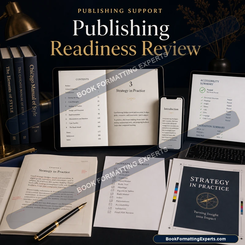 Publishing readiness review sample by Book Formatting Experts showing a manuscript files audit