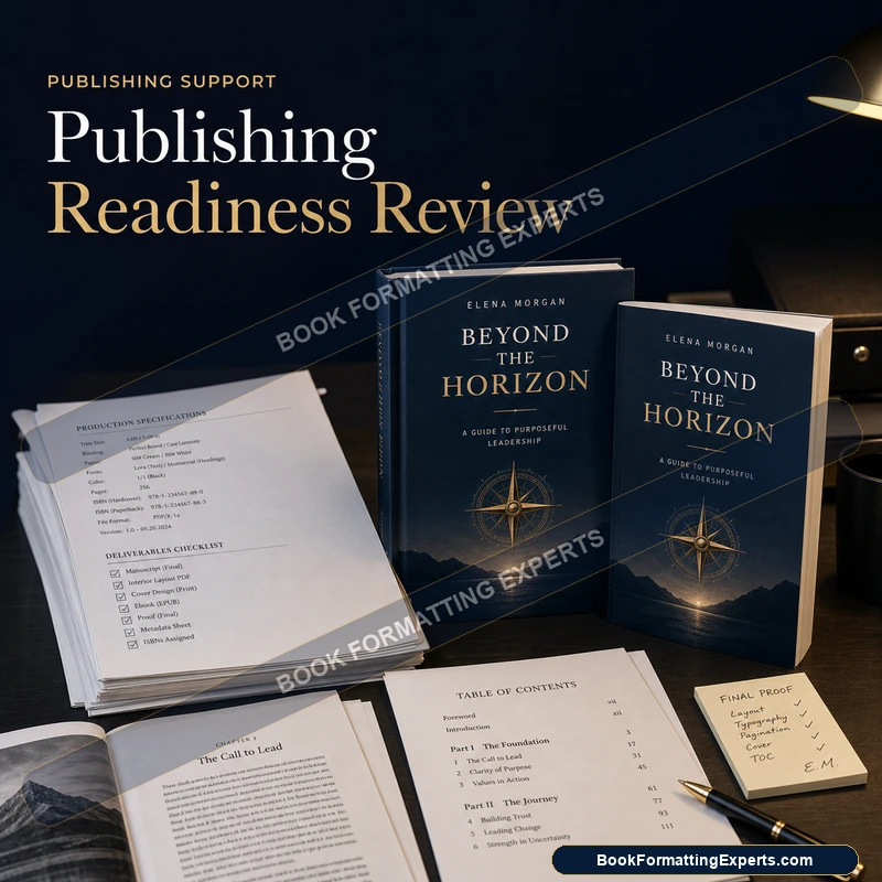 Publishing readiness review sample by Book Formatting Experts showing a cover and metadata audit