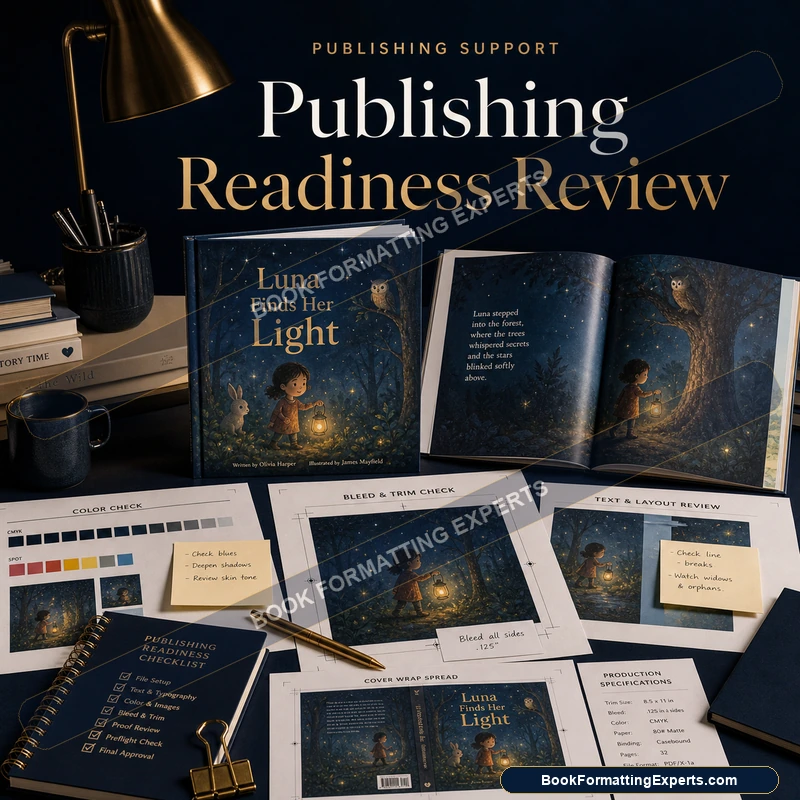Publishing readiness review sample by Book Formatting Experts showing an ISBN and formats audit