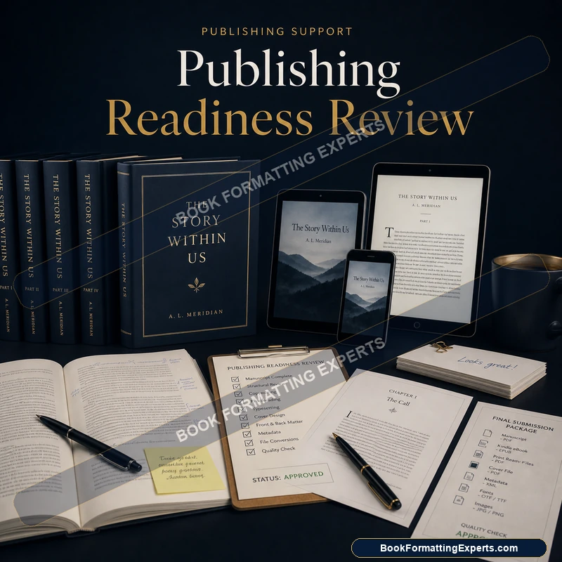 Publishing readiness review sample by Book Formatting Experts showing a prioritised action checklist