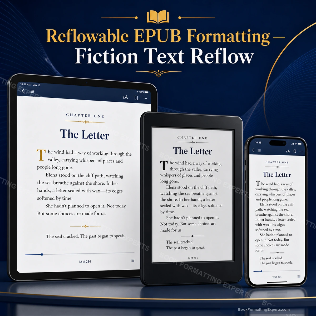 Reflowable EPUB Formatting sample showing fiction text reflow