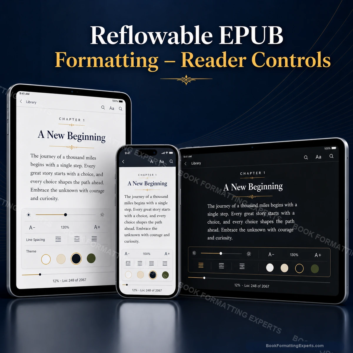 Reflowable EPUB Formatting sample showing reader controls