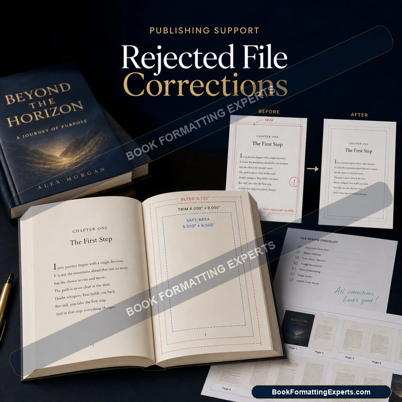 Rejected file corrections sample by Book Formatting Experts showing a store rejection email translated into a plain fix list