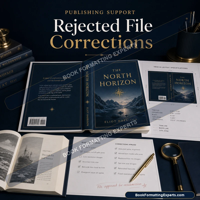 Rejected file corrections sample by Book Formatting Experts showing unembedded fonts being properly embedded in a print file