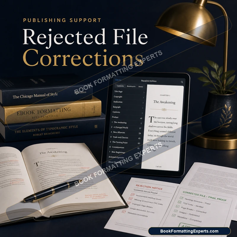 Rejected file corrections sample by Book Formatting Experts showing a trim and bleed correction on a print interior