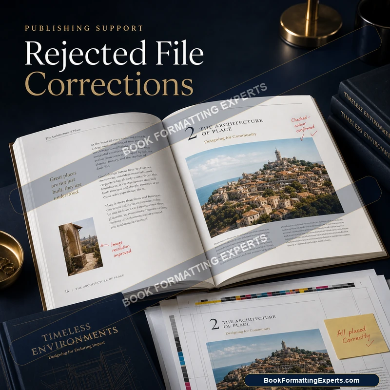 Rejected file corrections sample by Book Formatting Experts showing EPUB validation errors being cleared