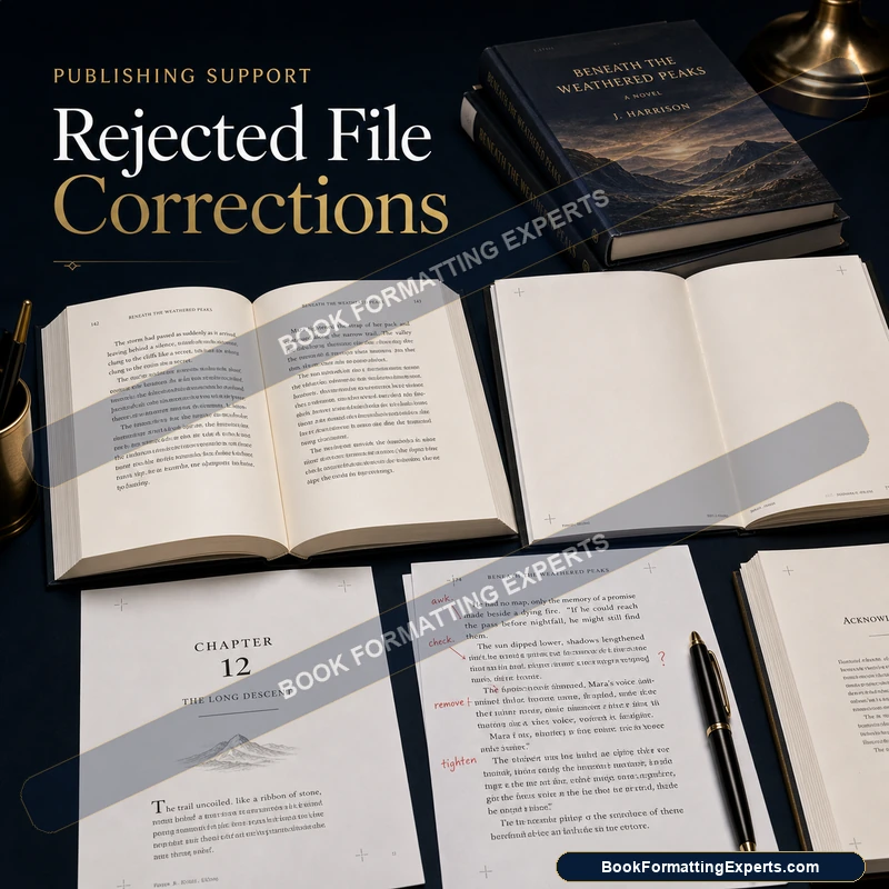 Rejected file corrections sample by Book Formatting Experts showing a broken table of contents rebuilt from semantic headings