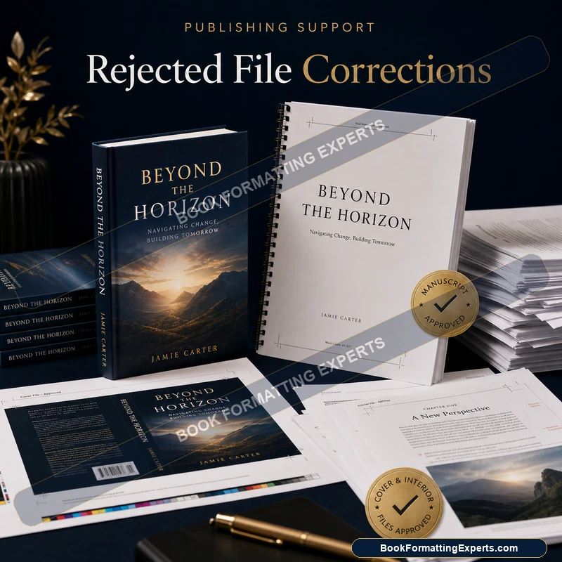 Rejected file corrections sample by Book Formatting Experts showing a corrected file accepted on re-upload