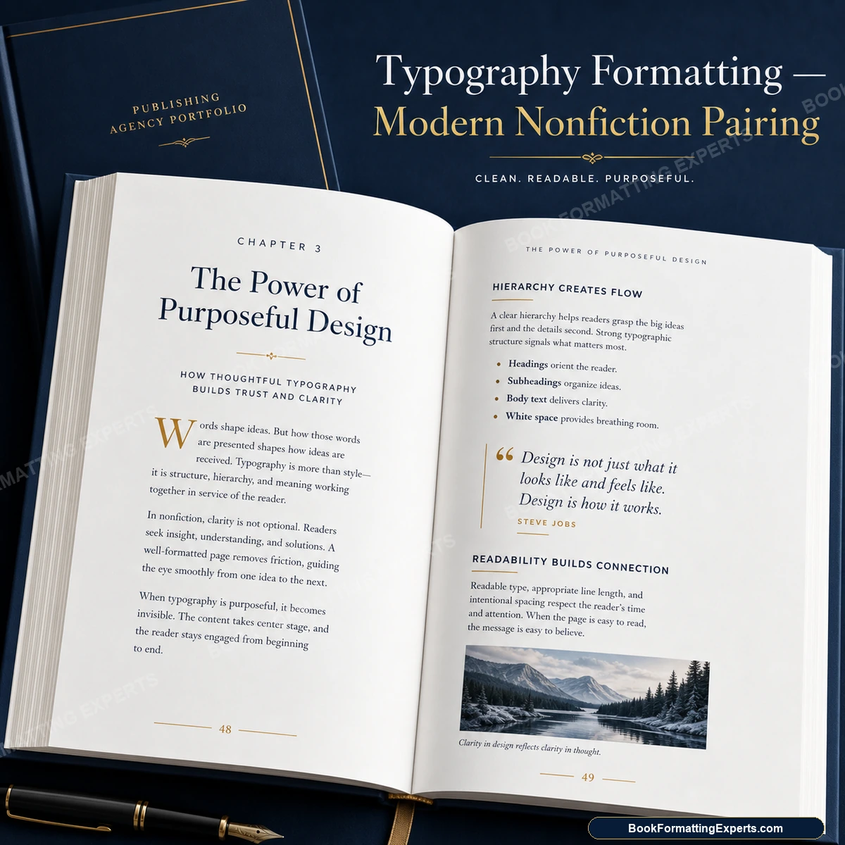 Typography formatting sample by Book Formatting Experts showing a modern serif and sans nonfiction pairing