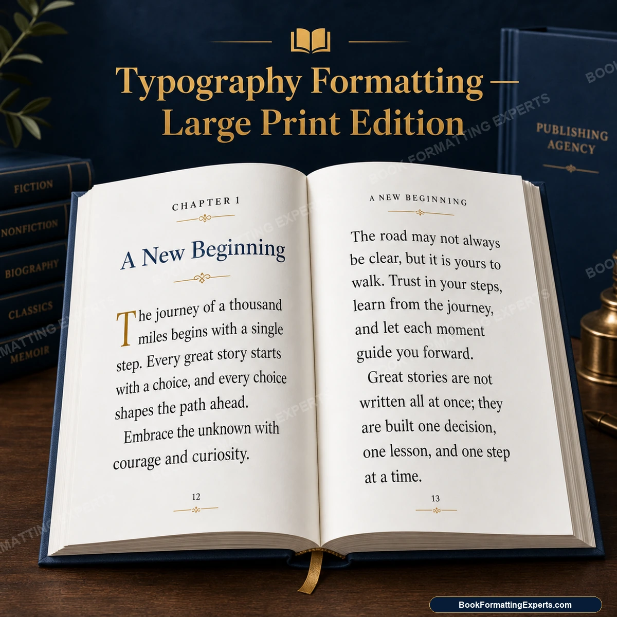 Typography formatting sample by Book Formatting Experts showing a large print interior with generous leading